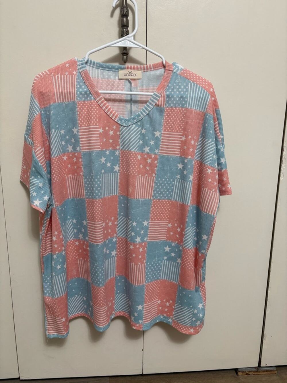 Hopely Red Blue Patchwork Stars Stripes Knit Top Woman Medium